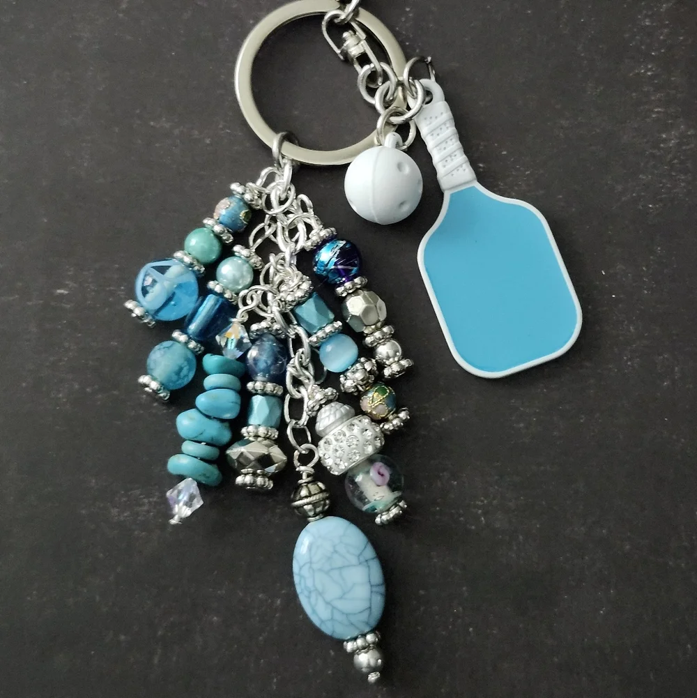 Pickelball and Paddle Purse Charm Or Keychain Handmade Glass Wagnerite Chips